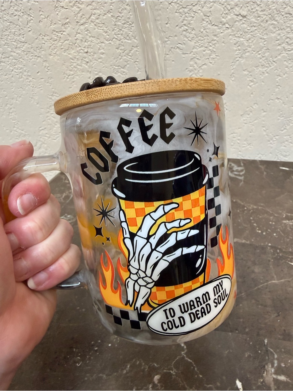 Warm my Cold Dead Soul Large Glass Coffee Mug with Lid Handmade